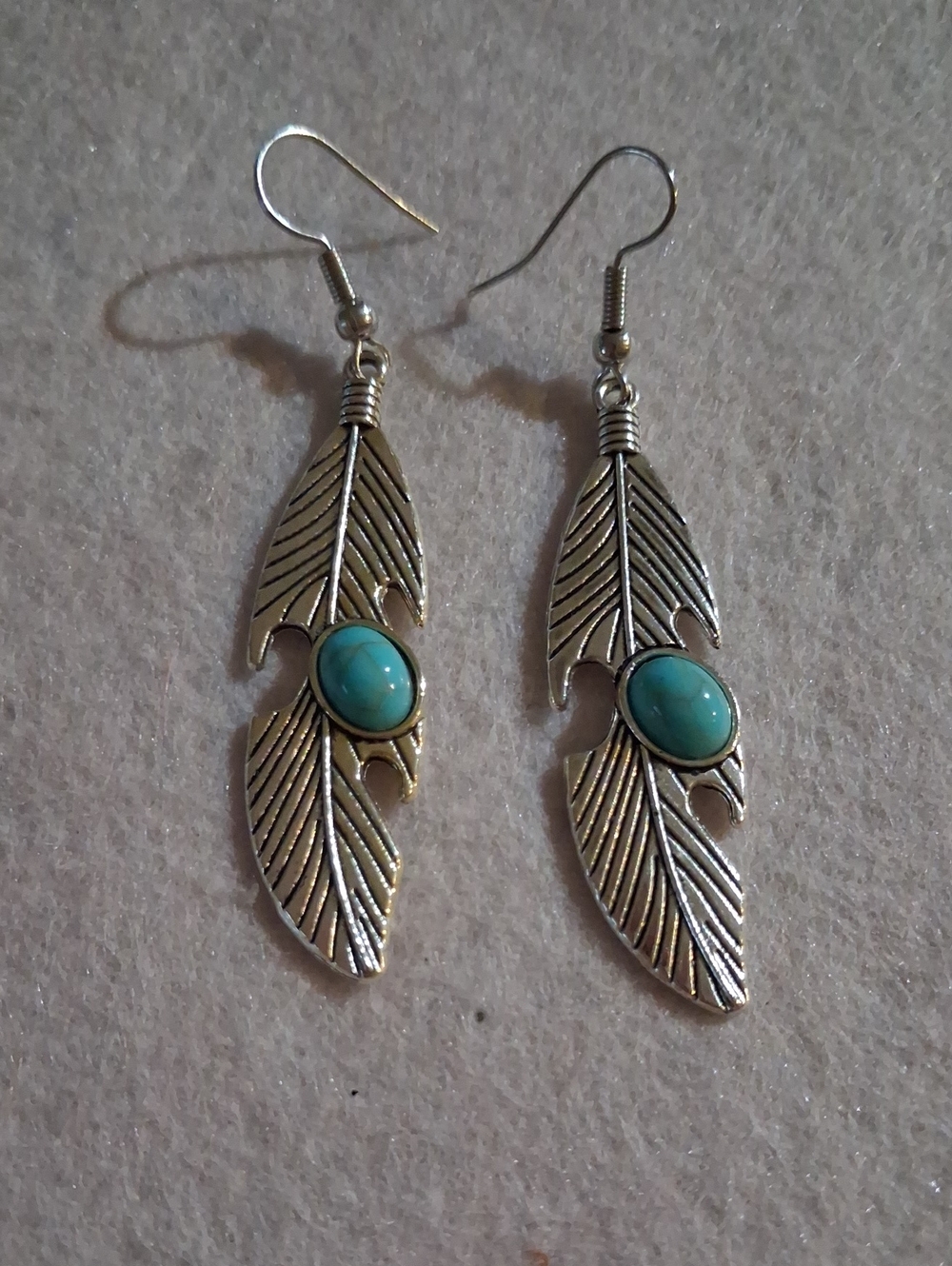 Silver Feather Drop Earrings with Turquoise Cabochon